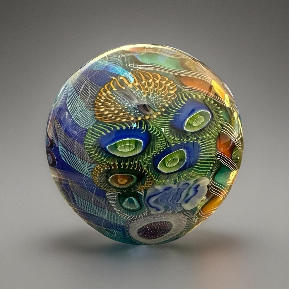 NEW 3" Seascape Inspired Orb Paperweight Signed Art Glass by Scott Garrelts USA